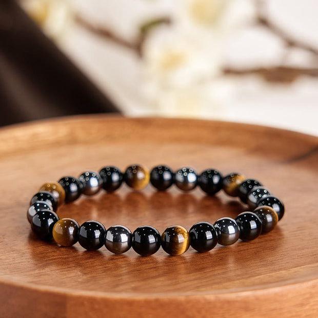 Buddha Stones Natural Tiger's Eye Obsidian Hematite Positive Powerful Bracelet