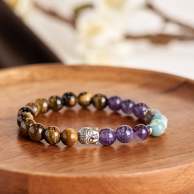 Buddha Stones Natural Black Onyx White Stone Green Aventurine Tiger Eye Agate Mixed Color Buddha Head Protection Bracelet