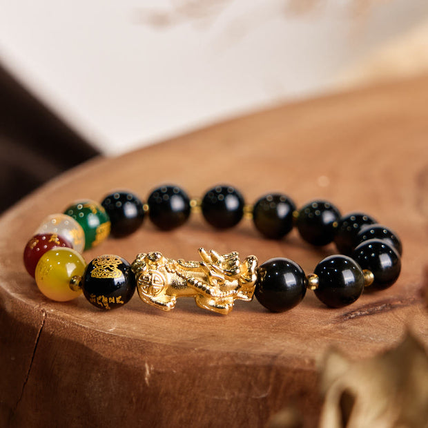 Buddha Stones Natural Gold Sheen Obsidian PiXiu Five Directions Gods of Wealth Protection Bracelet