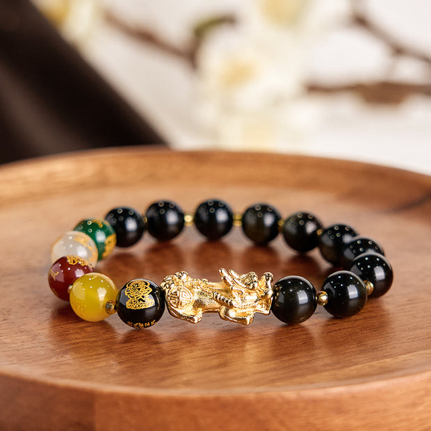 Buddha Stones Natural Gold Sheen Obsidian PiXiu Five Directions Gods of Wealth Protection Bracelet