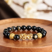 Buddha Stones Natural Gold Sheen Obsidian PiXiu Om Mani Padme Hum Wealth Bracelet