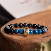 Buddha Stones Silver Sheen Obsidian Blue Tiger Eye Om Mani Padme Hum Protection Bracelet