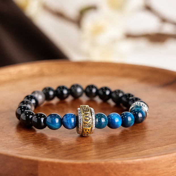 Buddha Stones Silver Sheen Obsidian Blue Tiger Eye Om Mani Padme Hum Protection Bracelet