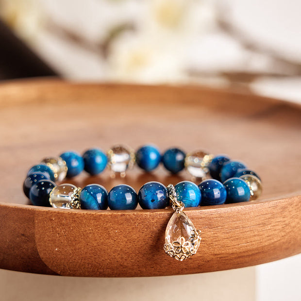 Buddha Stones Blue Tiger Eye White Crystal Water Drop Strength Bracelet