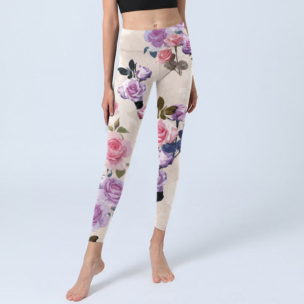 Buddha Stones Beige Rose Flowers Print Gym Leggings Women's Yoga Pants - image 6
