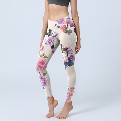 Buddha Stones Beige Rose Flowers Print Gym Leggings Women's Yoga Pants