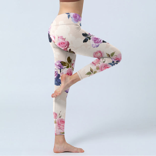 Buddha Stones Beige Rose Flowers Print Gym Leggings Women's Yoga Pants - image 4