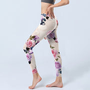 Buddha Stones Beige Rose Flowers Print Gym Leggings Women's Yoga Pants