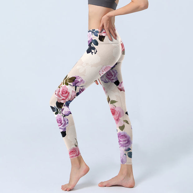 Buddha Stones Beige Rose Flowers Print Gym Leggings Women's Yoga Pants - image 3