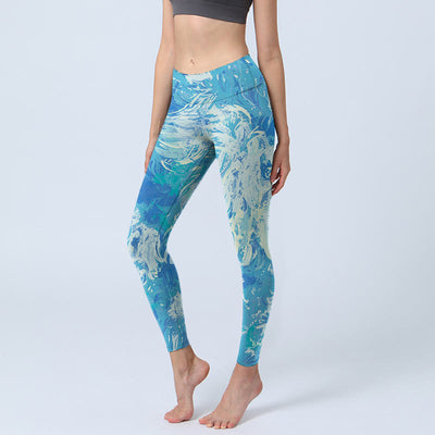 Buddha Stones Blue Abstract Oil Paint Water Pattern Print Gym Leggings Women's Yoga Pants - DeepSkyBlue - US18，UK/AU22，EU50 (4XL) - image 1