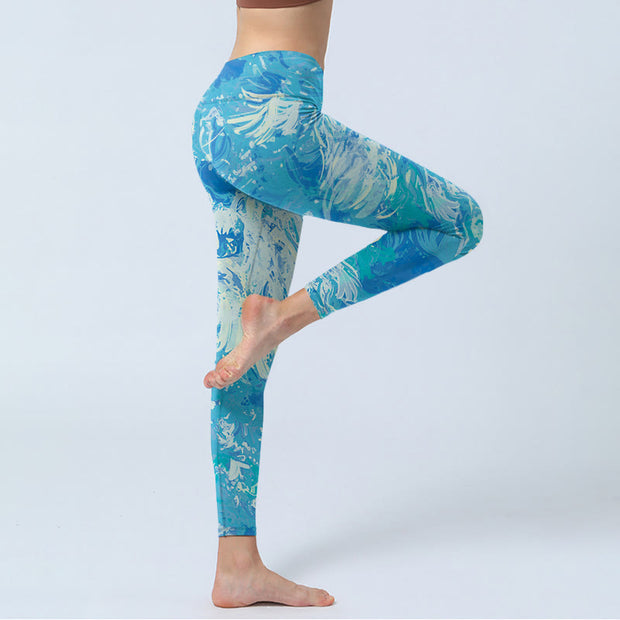 Buddha Stones Blue Abstract Oil Paint Water Pattern Print Gym Leggings Women's Yoga Pants - image 4