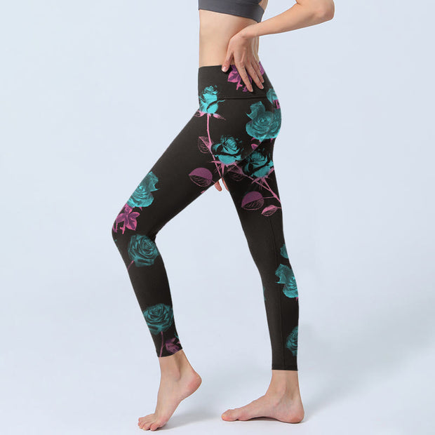 Buddha Stones Black Rose Leaves Pattern Print Gym Leggings Women's Yoga Pants - image 3