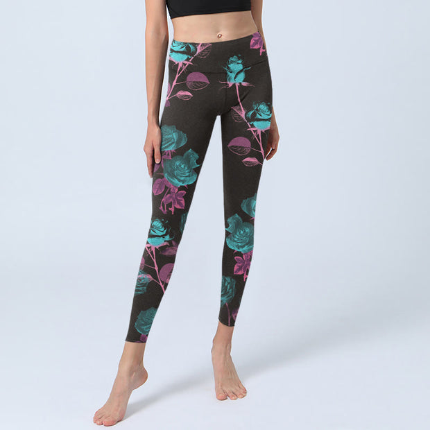 Buddha Stones Black Rose Leaves Pattern Print Gym Leggings Women's Yoga Pants