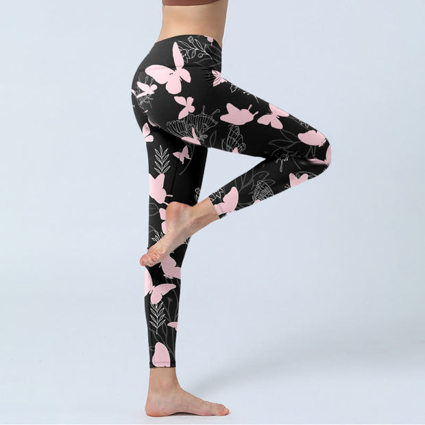 Buddha Stones Black Butterfly Plant Lines Pattern Print Gym Leggings Women's Yoga Pants - image 4