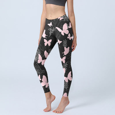 Buddha Stones Black Butterfly Plant Lines Pattern Print Gym Leggings Women's Yoga Pants - Black - US18，UK/AU22，EU50 (4XL) - image 1