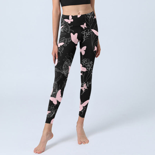 Buddha Stones Black Butterfly Plant Lines Pattern Print Gym Leggings Women's Yoga Pants - image 6