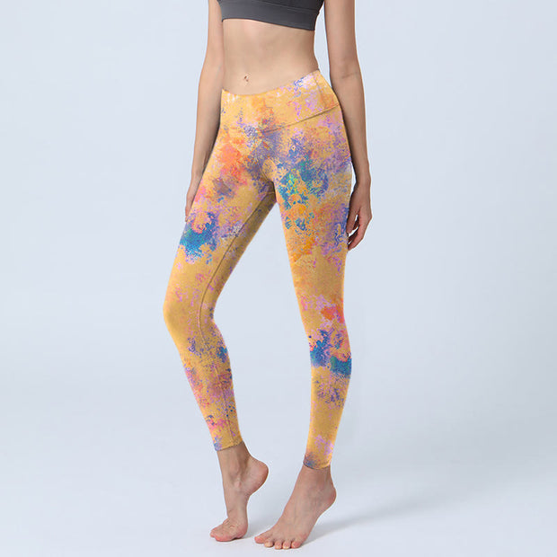 Buddha Stones Bright Yellow Abstract Watercolor Pattern Print Gym Leggings Women's Yoga Pants