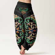 Buddha Stones Flowers Vines Totem Pattern Women's Elastic Waist Harem Pants