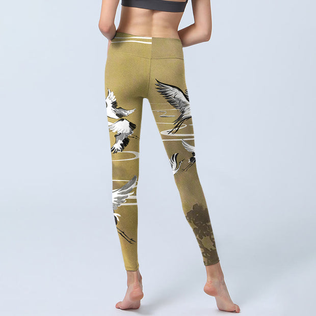 Buddha Stones Trees Cloud Red-crowned Crane Pattern Print Gym Leggings Women's Yoga Pants - image 7