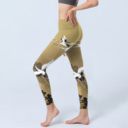 Buddha Stones Trees Cloud Red-crowned Crane Pattern Print Gym Leggings Women's Yoga Pants - image 3