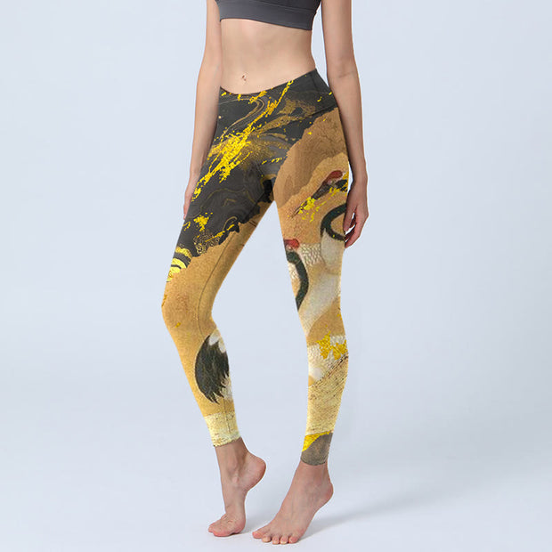 Buddha Stones Rock Pine Tree Red-crowned Crane Pattern Print Gym Leggings Women's Yoga Pants