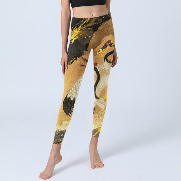 Buddha Stones Rock Pine Tree Red-crowned Crane Pattern Print Gym Leggings Women's Yoga Pants - image 6