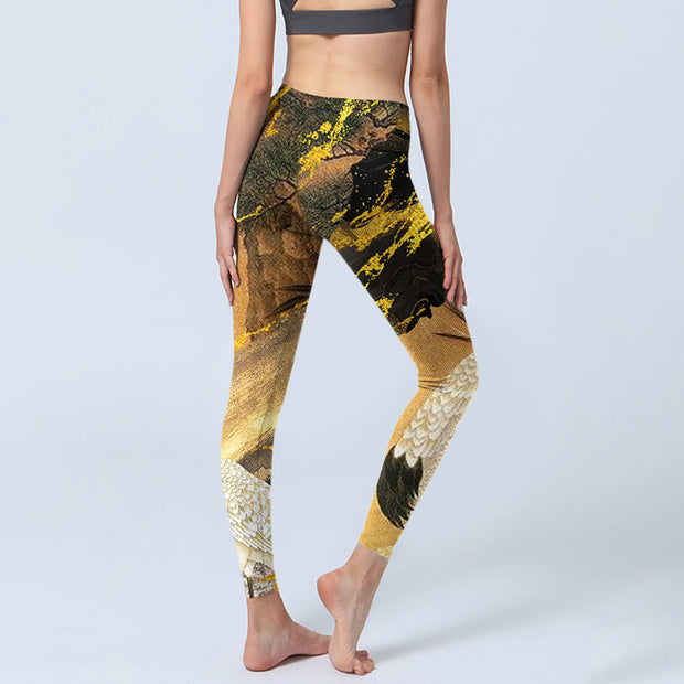 Buddha Stones Rock Pine Tree Red-crowned Crane Pattern Print Gym Leggings Women's Yoga Pants - image 5