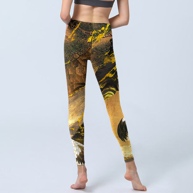 Buddha Stones Rock Pine Tree Red-crowned Crane Pattern Print Gym Leggings Women's Yoga Pants - image 7