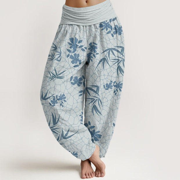 Buddha Stones Bamboo Flowers Pattern Women's Elastic Waist Harem Pants