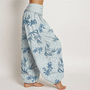 Buddha Stones Bamboo Flowers Pattern Women's Elastic Waist Harem Pants