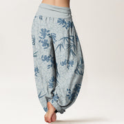 Buddha Stones Bamboo Flowers Pattern Women's Elastic Waist Harem Pants