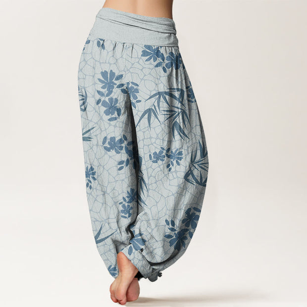 Buddha Stones Bamboo Flowers Pattern Women's Elastic Waist Harem Pants