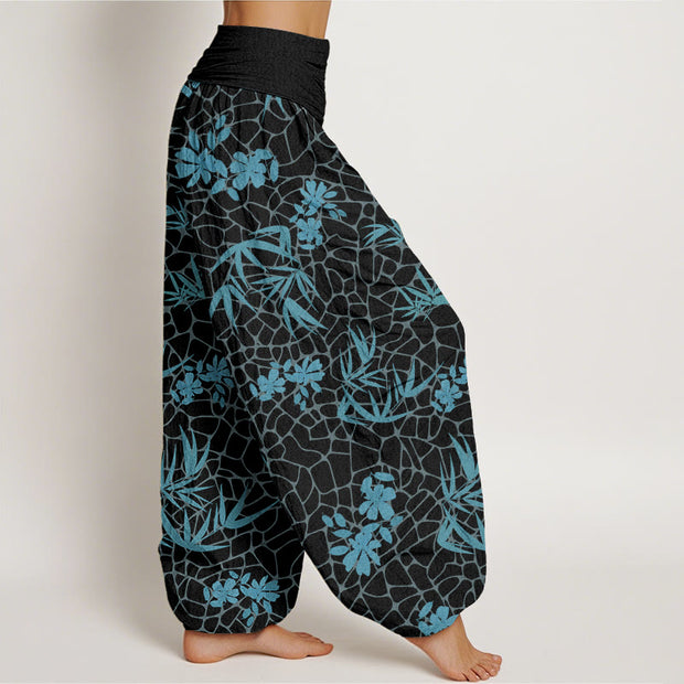 Buddha Stones Bamboo Flowers Pattern Women's Elastic Waist Harem Pants