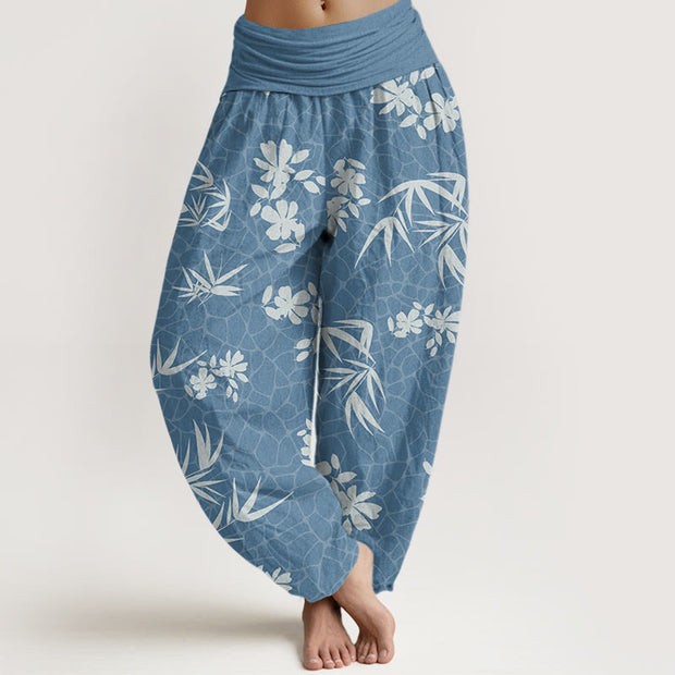 Buddha Stones Bamboo Flowers Pattern Women's Elastic Waist Harem Pants