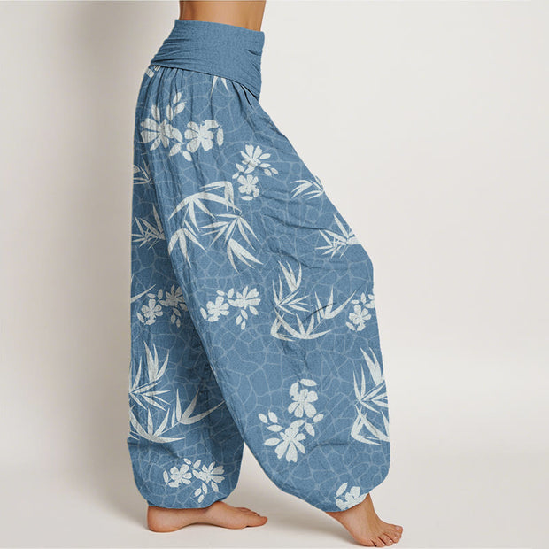 Buddha Stones Bamboo Flowers Pattern Women's Elastic Waist Harem Pants