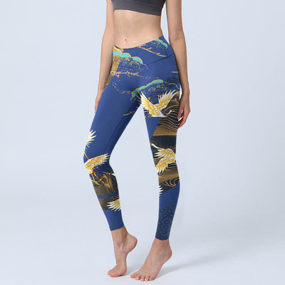 Buddha Stones Mountain Temple Red Crowned Crane Pattern Print Gym Leggings Women's Yoga Pants - DarkBlue - US18，UK/AU22，EU50 (4XL) - image 1