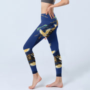 Buddha Stones Mountain Temple Red Crowned Crane Pattern Print Gym Leggings Women's Yoga Pants - image 3