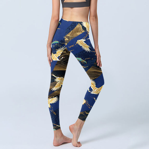 Buddha Stones Mountain Temple Red Crowned Crane Pattern Print Gym Leggings Women's Yoga Pants - image 5