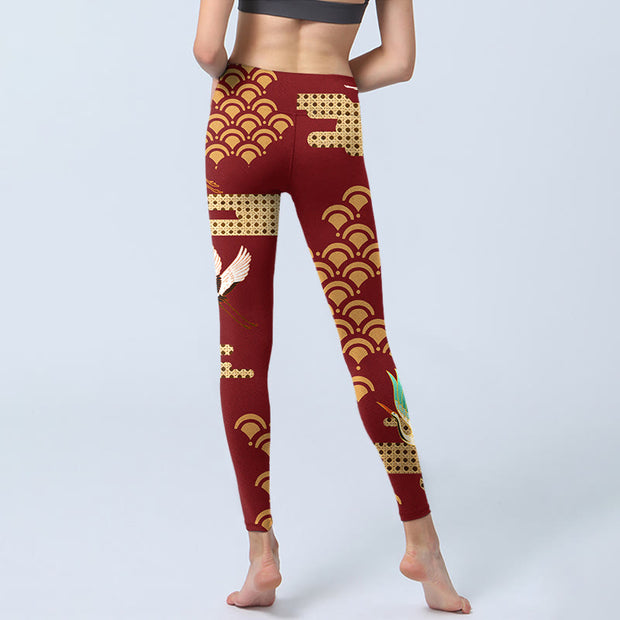 Buddha Stones Red Crowned Crane Cloud Pattern Print Gym Leggings Women's Yoga Pants