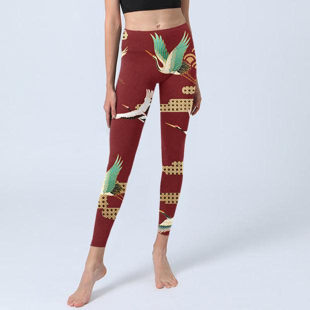 Buddha Stones Red Crowned Crane Cloud Pattern Print Gym Leggings Women's Yoga Pants - image 6