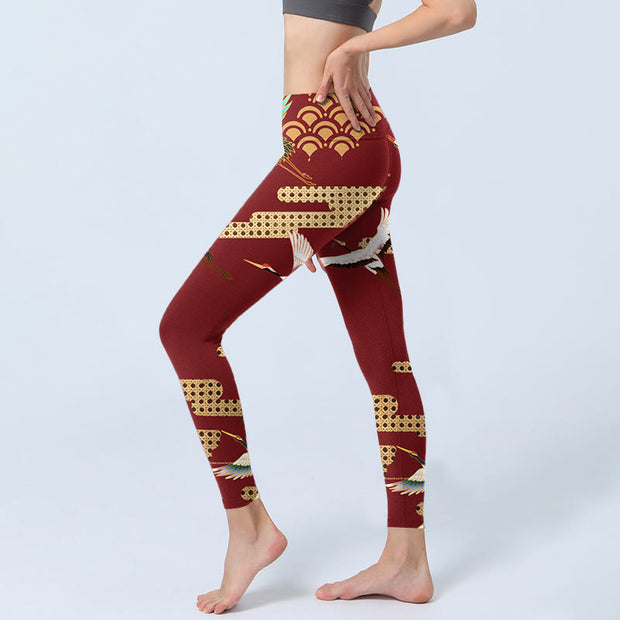 Buddha Stones Red Crowned Crane Cloud Pattern Print Gym Leggings Women's Yoga Pants - image 3