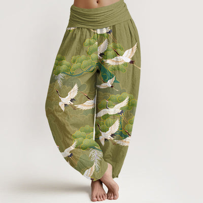 Buddha Stones Crane Pine Tree Totem Pattern Women's Elastic Waist Harem Pants