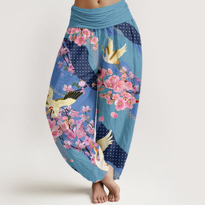 Buddha Stones Crane Peach Blossom Tree Totem Pattern Women's Elastic Waist Harem Pants