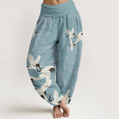 Buddha Stones Crane Totem Pattern Women's Elastic Waist Harem Pants