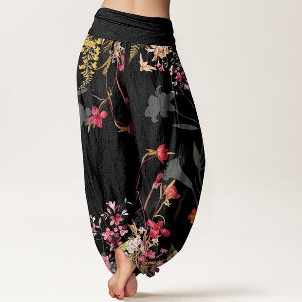 Buddha Stones Flowers Totem Pattern Women's Elastic Waist Harem Pants