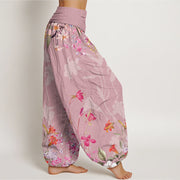 Buddha Stones Flowers Totem Pattern Women's Elastic Waist Harem Pants