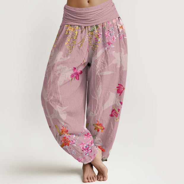 Buddha Stones Flowers Totem Pattern Women's Elastic Waist Harem Pants