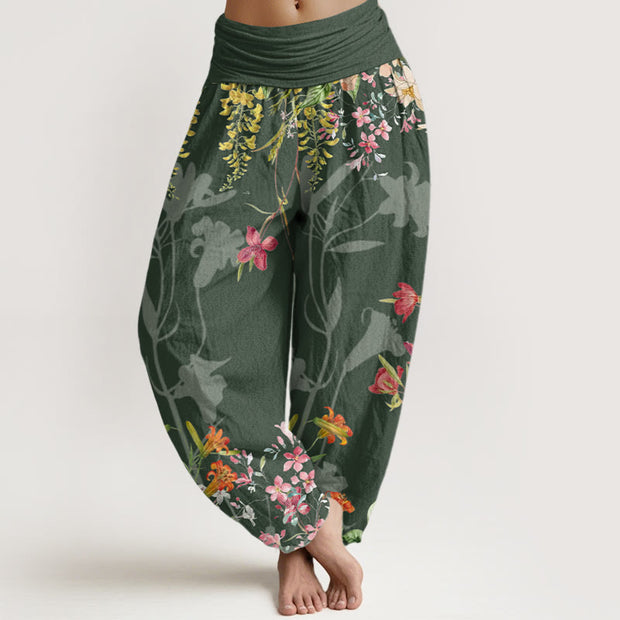 Buddha Stones Flowers Totem Pattern Women's Elastic Waist Harem Pants