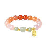 Buddha Stones 925 Sterling Silver Red Agate Hetian Jade Cat Fu Character Confidence Bracelet