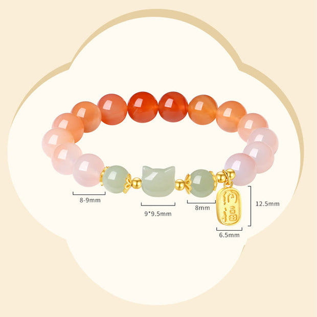 Buddha Stones 925 Sterling Silver Red Agate Hetian Jade Cat Fu Character Confidence Bracelet